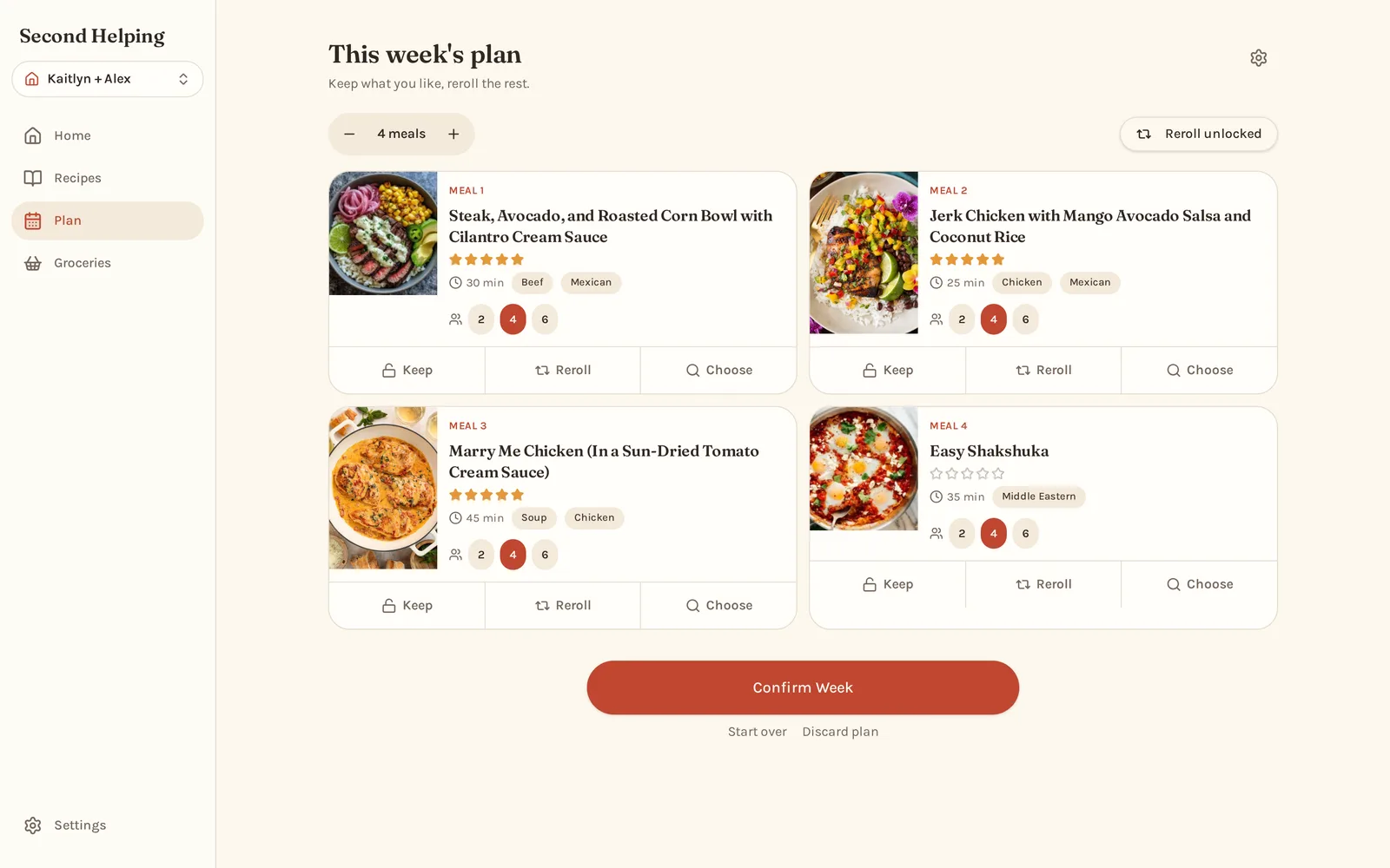 Second Helping weekly meal planner on a desktop browser, showing four dinners with keep and swap controls.