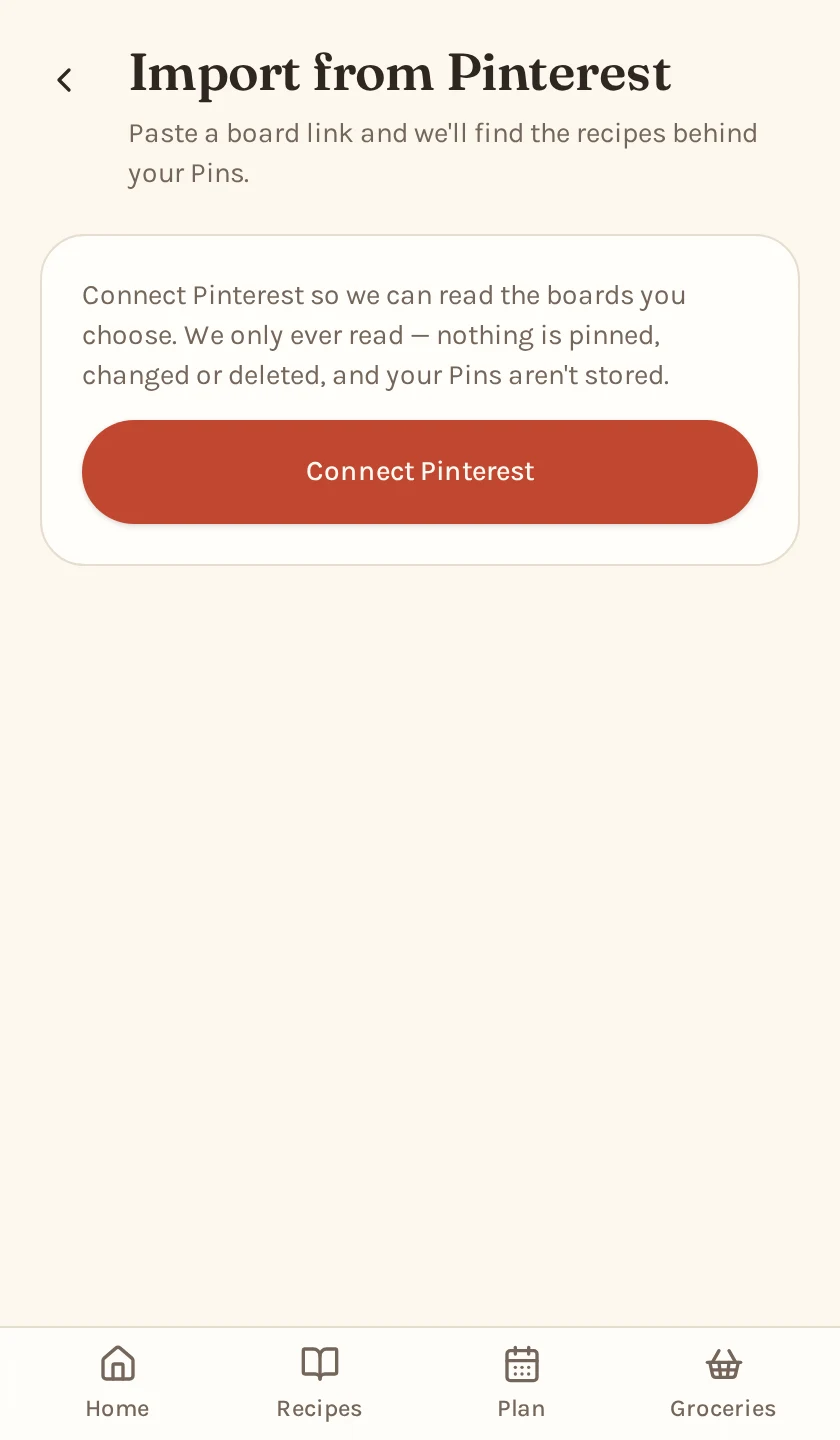 The Second Helping board import screen, where you paste a Pinterest board link to find the recipes behind your Pins.