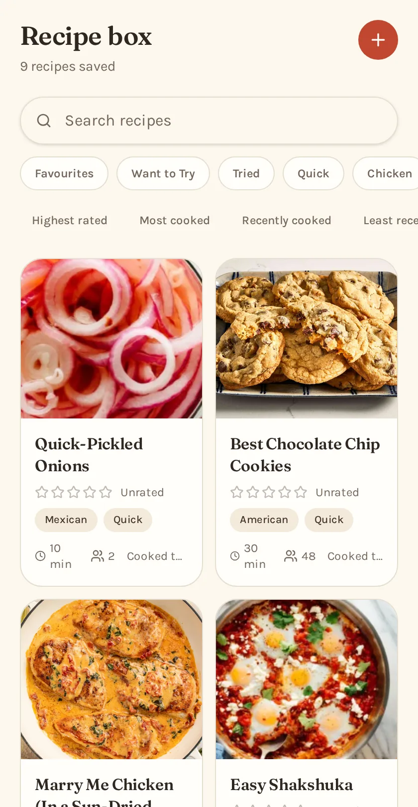 Second Helping recipe box showing saved household recipes with ratings and tags.